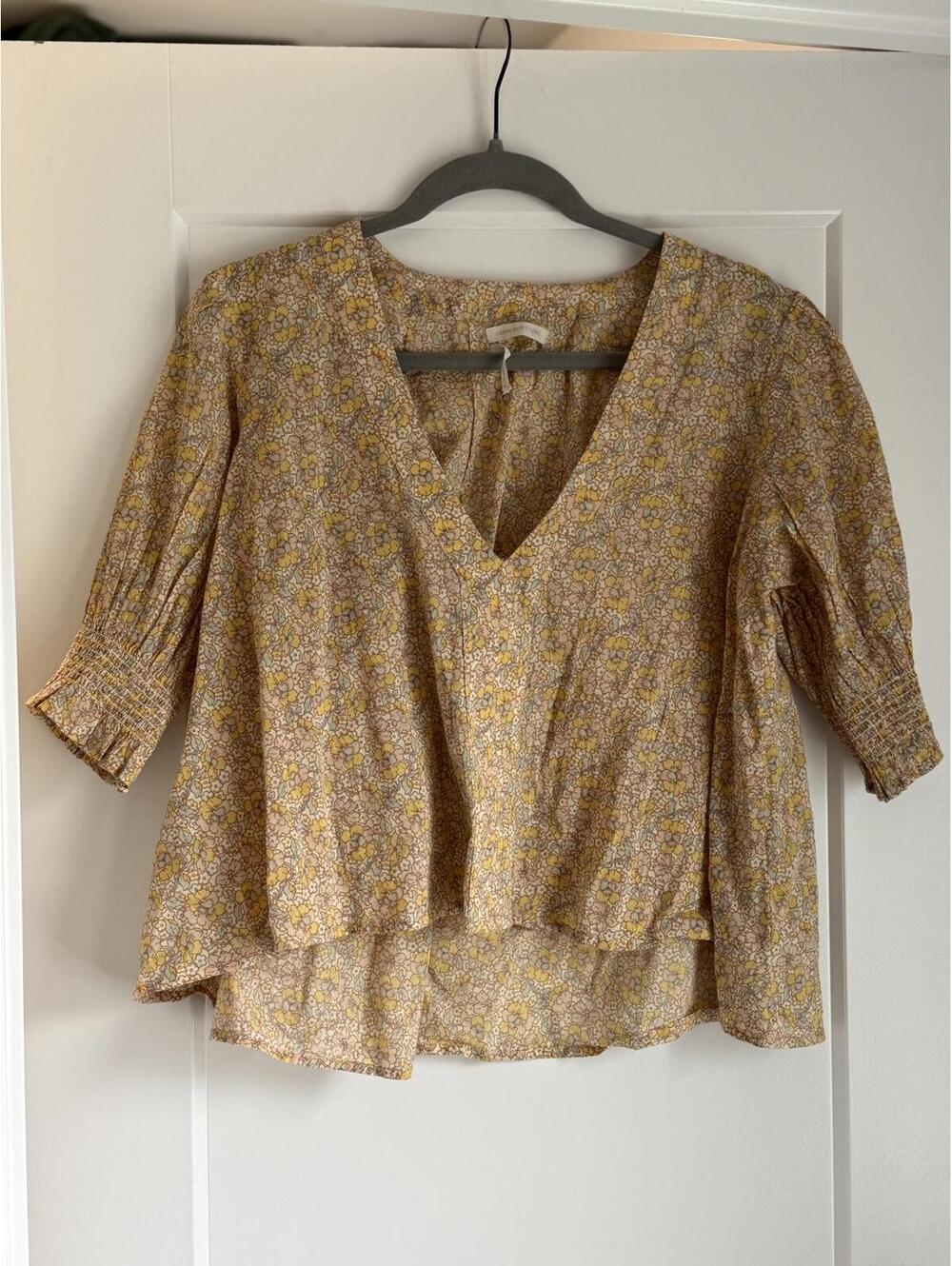 Urban Outfitters Floral Print V-Neck Blouse with Smocked Sleeves
